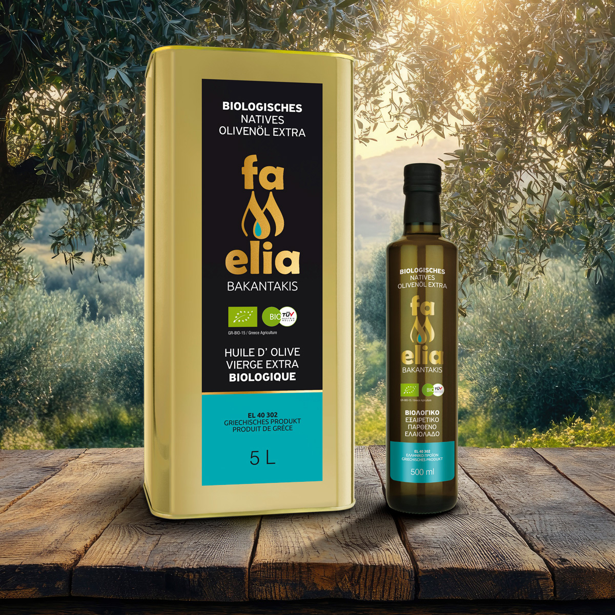 FAMELIA OLIVE - BAKANTAKIS - Extra Virgin Olive Oil - Mockup-5L-&-500ml-ΒΙΟ